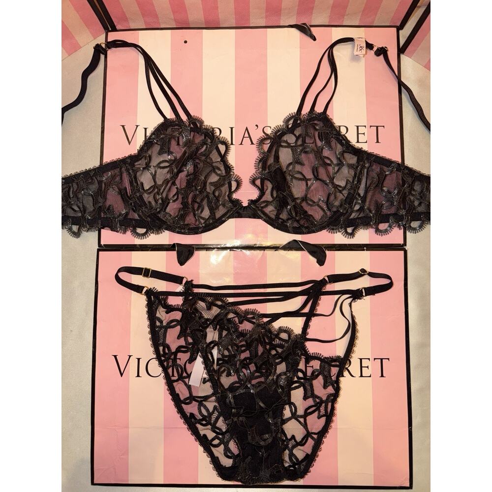 Victorias Secret Bra Very Sexy 34DD Garter Belt Medium Panty Heart Print - Picture 2 of 9